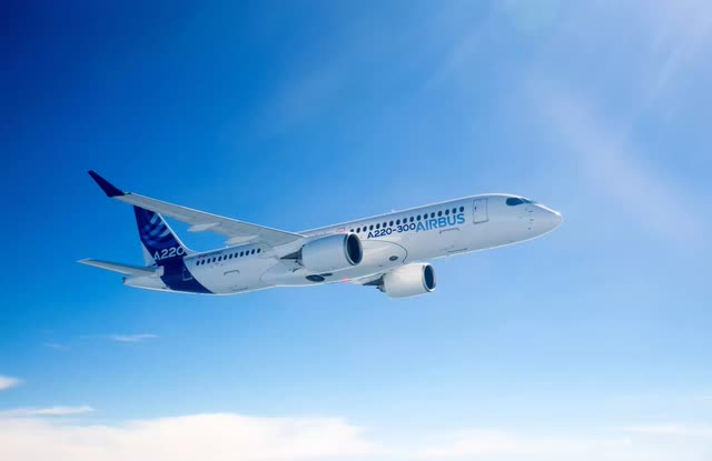 This image shows an Airbus A220 airplane, which will likely be used to provide a future A320neo replacement.