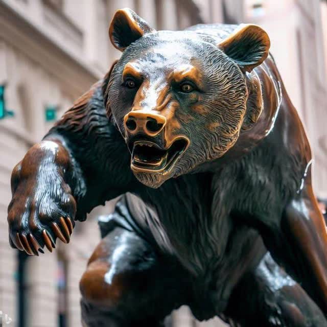 Image of bronze bear statue in the same style as the Charging Bull near Wall Street: Created by Microsoft's (<a href=