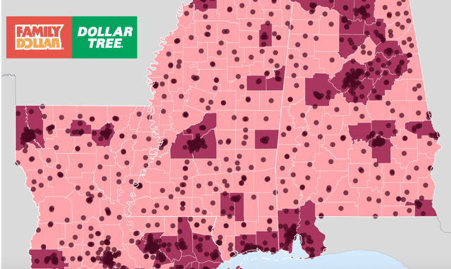 Map of Family Dollar/Dollar Tree Locations across Alabama, Mississippi, and Louisiana